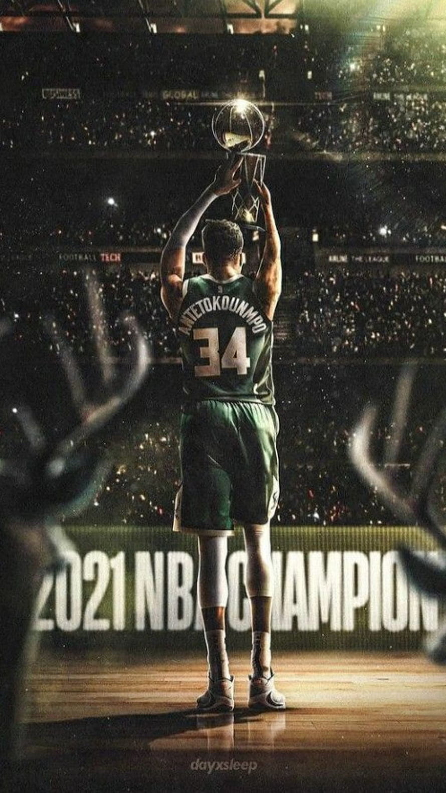 Giannis Antetokounmpo Raising the 2021 NBA Championship Trophy in Boston Celtics Jersey HD phone wallpaper