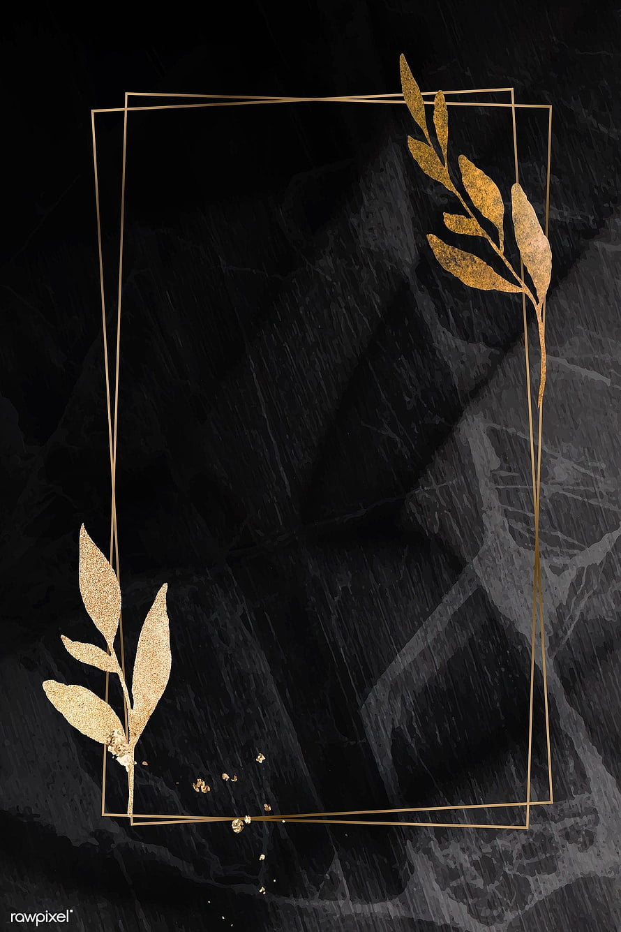 Elegant Gold Botanical Frame on Black Marble Background HD phone wallpaper
