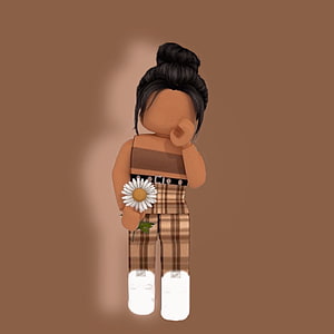 Roblox Avatar Girl in Plaid Overalls Holding a White Daisy Against a Warm Brown Background HD phone wallpaper