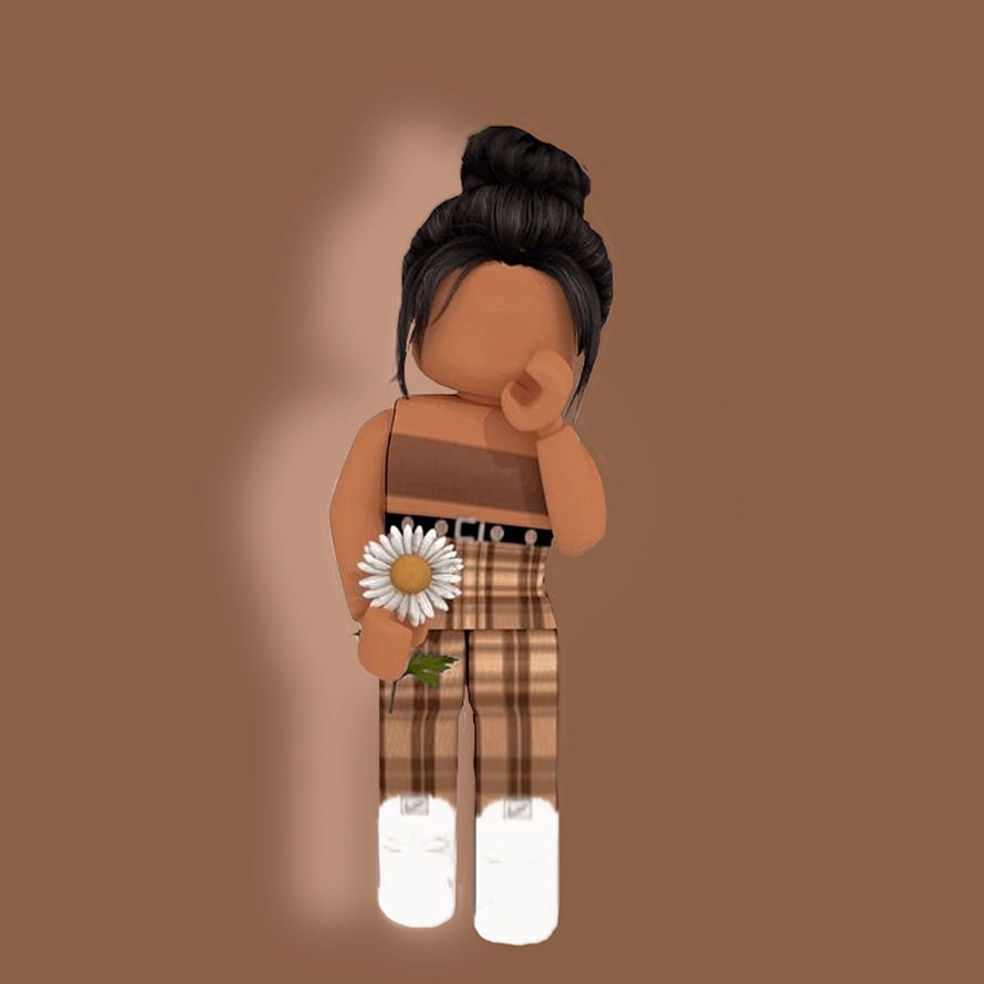 Roblox Avatar Girl in Plaid Overalls Holding a White Daisy Against a Warm Brown Background HD phone wallpaper