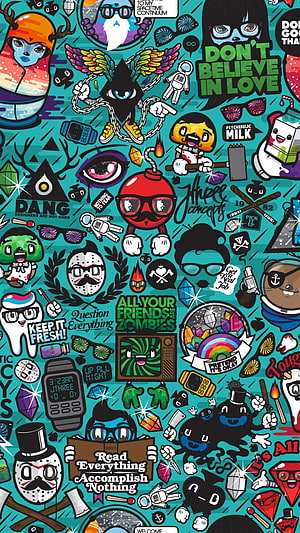 Colorful Sticker Bomb Illustration with Cartoon Characters and Doodle Art HD phone wallpaper