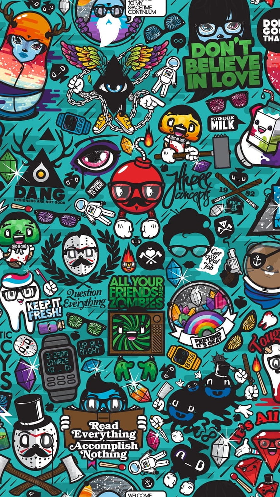 Colorful Sticker Bomb Illustration with Cartoon Characters and Doodle Art HD phone wallpaper