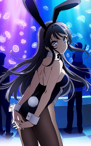 Anime bunny girl in black bodysuit with long dark hair and glowing jellyfish aquarium background HD phone wallpaper