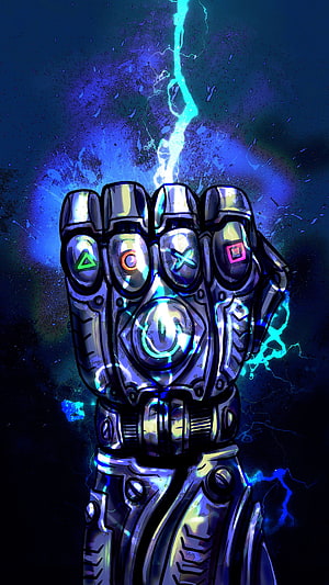 Metallic Cybernetic Gauntlet with Glowing Symbols and Electric Energy Burst HD phone wallpaper