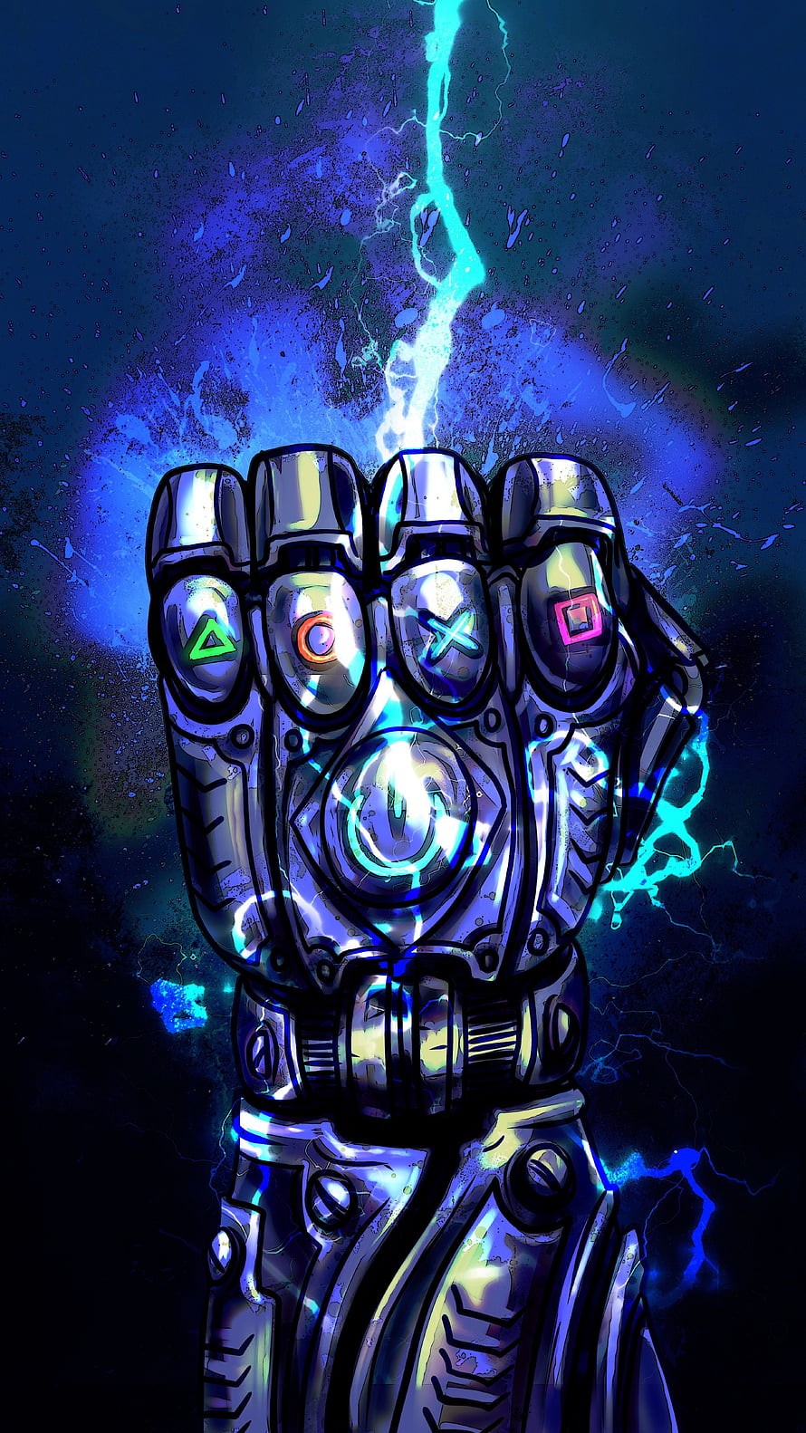 Metallic Cybernetic Gauntlet with Glowing Symbols and Electric Energy Burst HD phone wallpaper