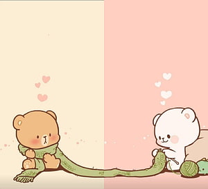 Cute Cartoon Bears Knitting a Long Green Scarf Together on Pastel Background HD wallpaper