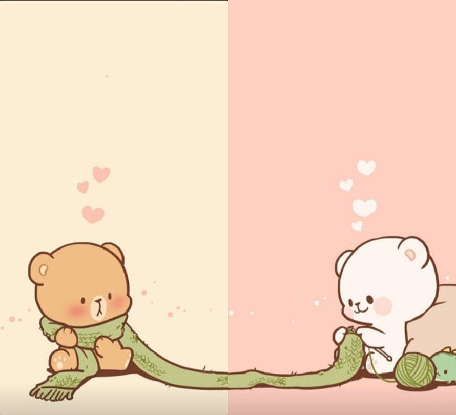 Cute Cartoon Bears Knitting a Long Green Scarf Together on Pastel Background HD wallpaper