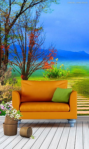 Orange Sofa on Wooden Deck with Garden View and Woven Flower Baskets HD phone wallpaper