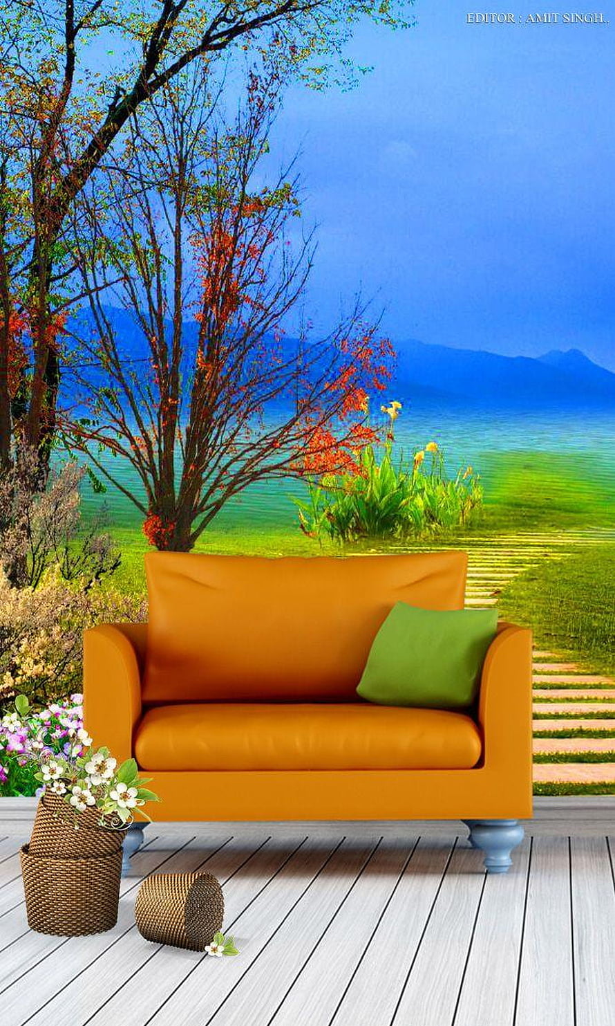 Orange Sofa on Wooden Deck with Garden View and Woven Flower Baskets HD phone wallpaper
