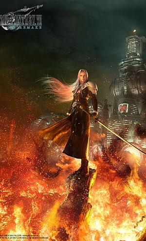 Sephiroth standing on a burning rock in Final Fantasy VII Remake key art HD phone wallpaper