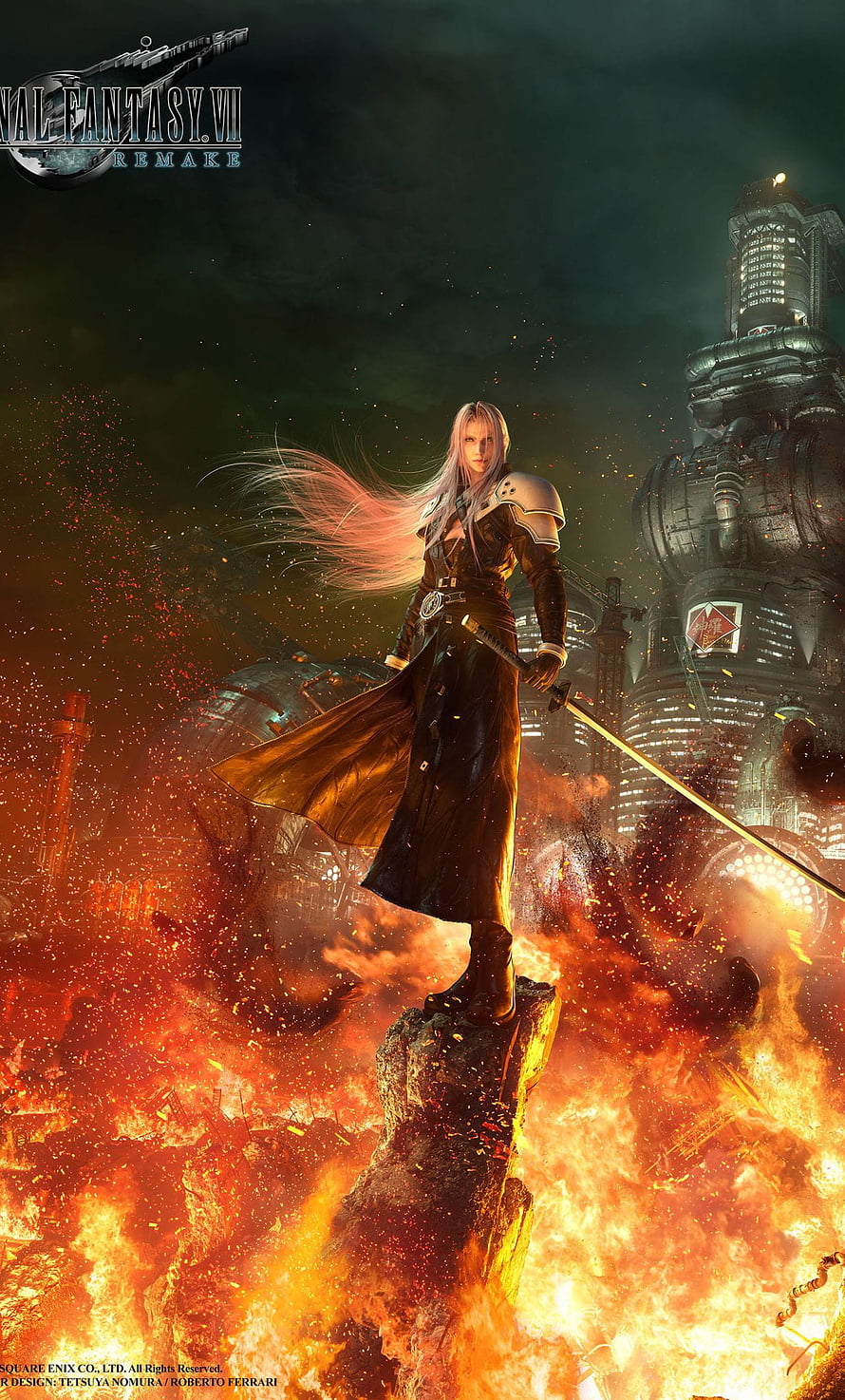 Sephiroth standing on a burning rock in Final Fantasy VII Remake key art HD phone wallpaper