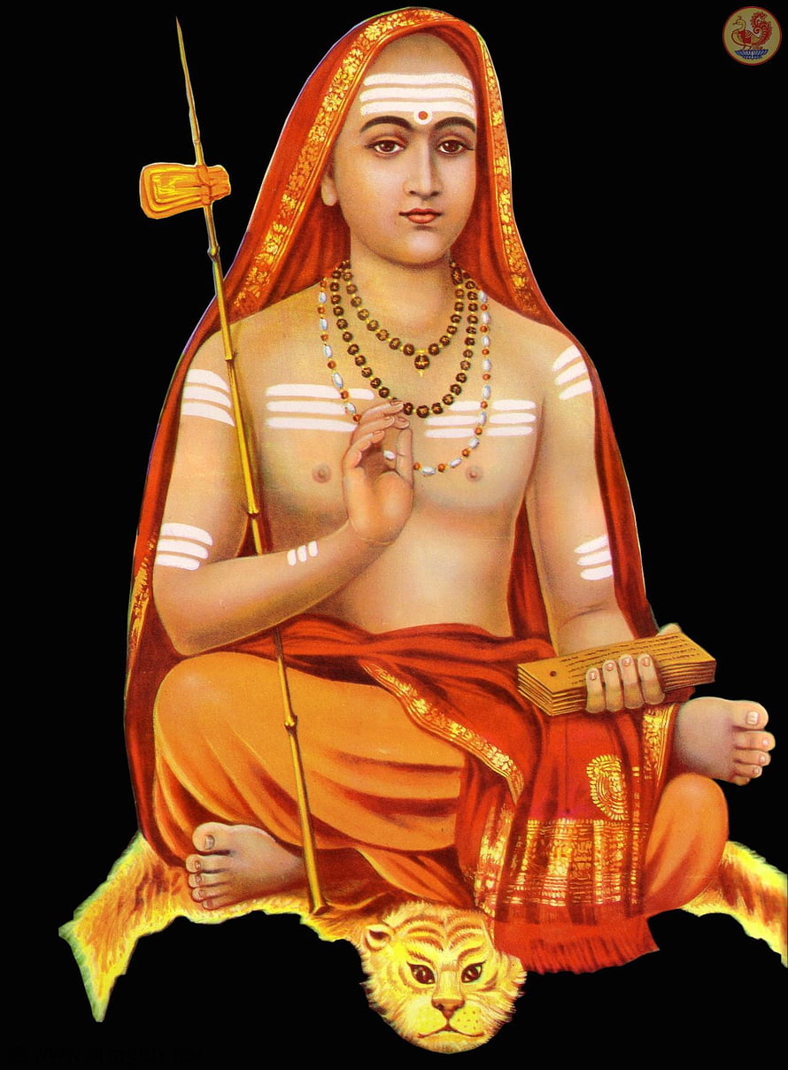 Adi Shankaracharya seated in meditation on a tiger skin with sacred staff and beads HD phone wallpaper