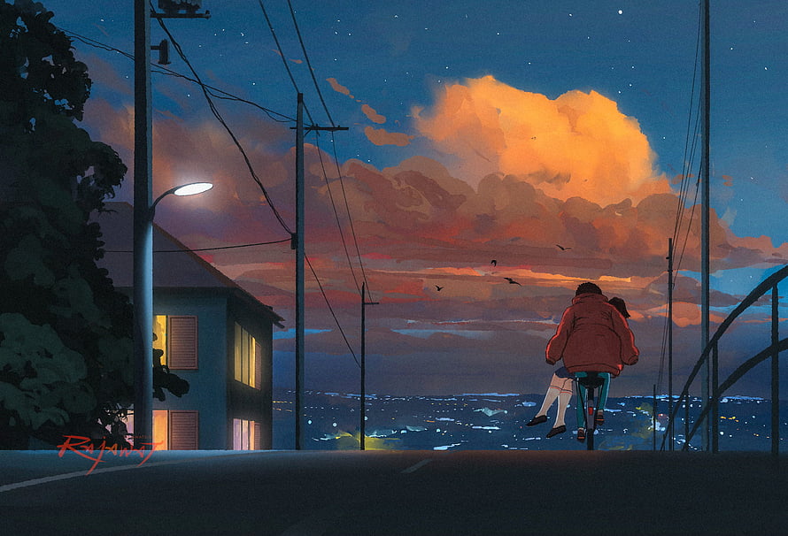 Whisper of the Heart Anime Scene: Couple on Bicycle at Dusk Over City Lights HD wallpaper