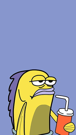 SpongeBob SquarePants Fish Character Holding a Drink Cup on a Solid Blue Background HD phone wallpaper