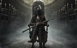 Bloodborne Hunter Seated on Throne in Candlelit Gothic Hall HD wallpaper