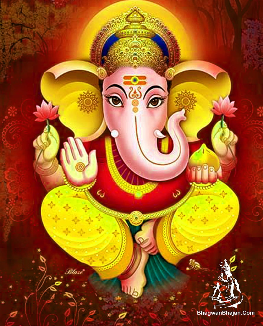 Lord Ganesha Digital Art with Lotus and Modak on Red Background HD phone wallpaper