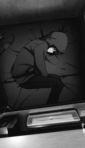Melancholic Anime Character in Hoodie Sitting on Bed in Dark Room HD phone wallpaper