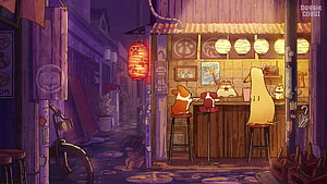 Doggie Corgi Animated Scene: Cozy Night at a Japanese Street Food Stall HD wallpaper