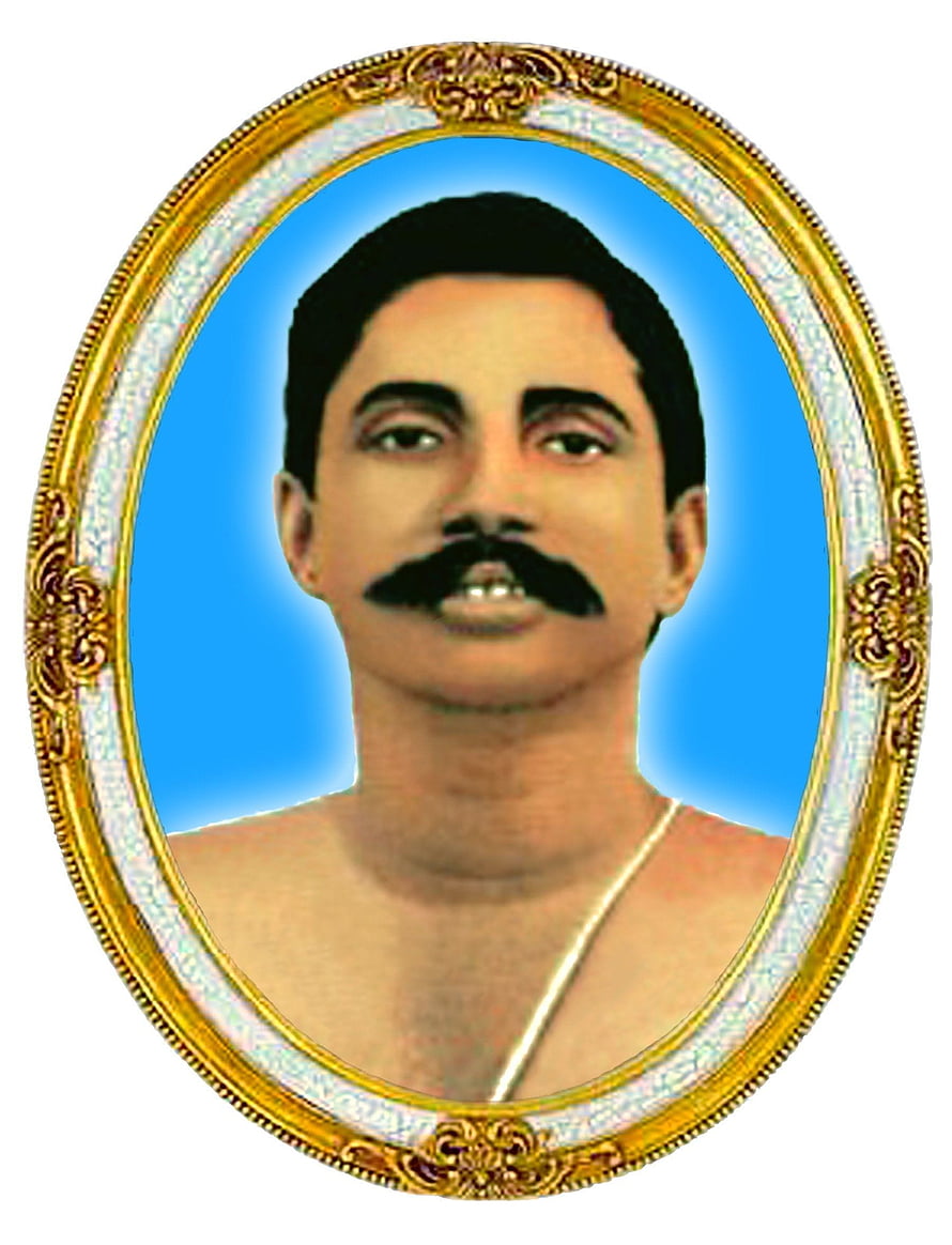 Portrait of Thakur Anukulchandra in an ornate gold oval frame with a blue background HD phone wallpaper