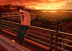 Anime Boy Sitting on Bridge Railing at Sunset with Headphones Around Neck HD wallpaper