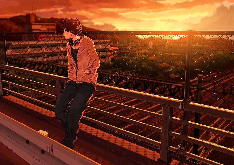 Anime Boy Sitting on Bridge Railing at Sunset with Headphones Around Neck HD wallpaper