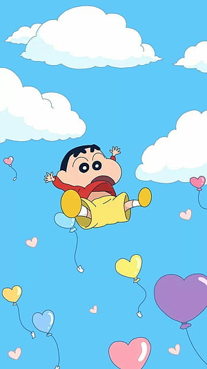 Cute Shin-chan Floating in the Sky with Colorful Heart Balloons and Fluffy Clouds HD phone wallpaper