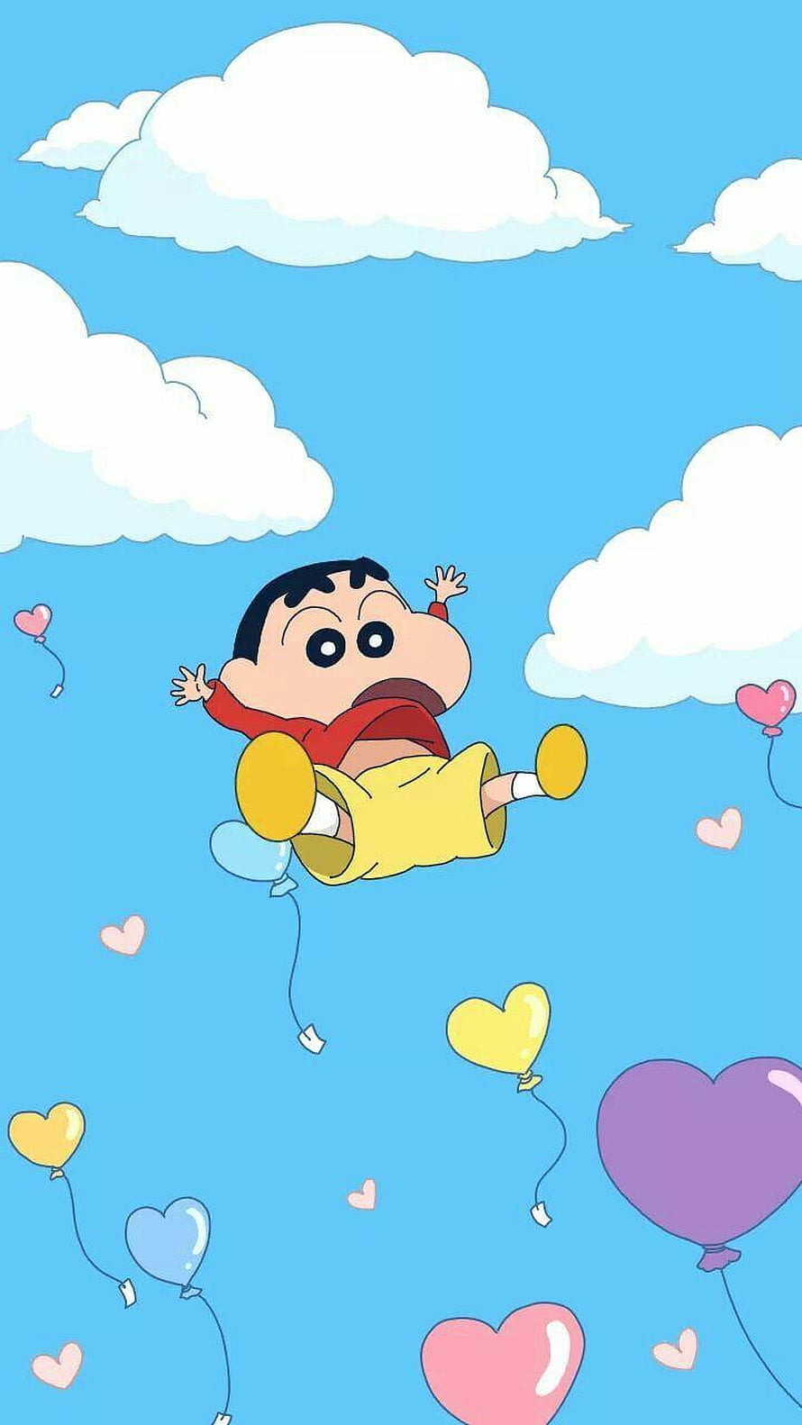 Cute Shin-chan Floating in the Sky with Colorful Heart Balloons and Fluffy Clouds HD phone wallpaper