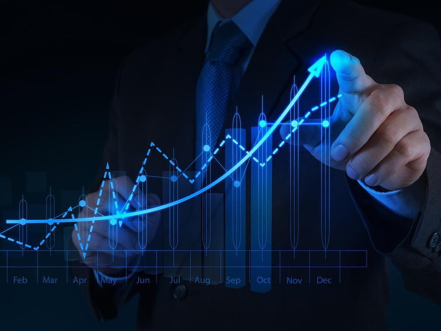 Businessman Analyzing Financial Growth Chart with Rising Arrow and Monthly Data HD wallpaper