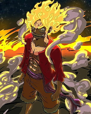 Monkey D. Luffy Gear 5 Sun God Form with Fiery Hair and Smoke Aura HD phone wallpaper