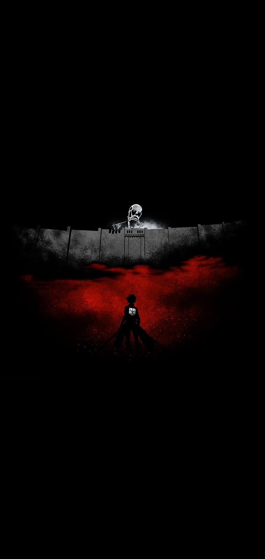 Attack on Titan Silhouette Facing Colossal Titan Over Red Mist and Wall HD phone wallpaper
