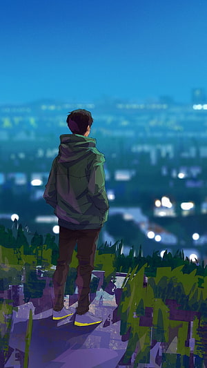 Young man in green hoodie standing on a hill overlooking a city at dusk HD phone wallpaper