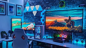 Modern Gaming Room Setup With PlayStation Decor And Neon Lighting HD wallpaper