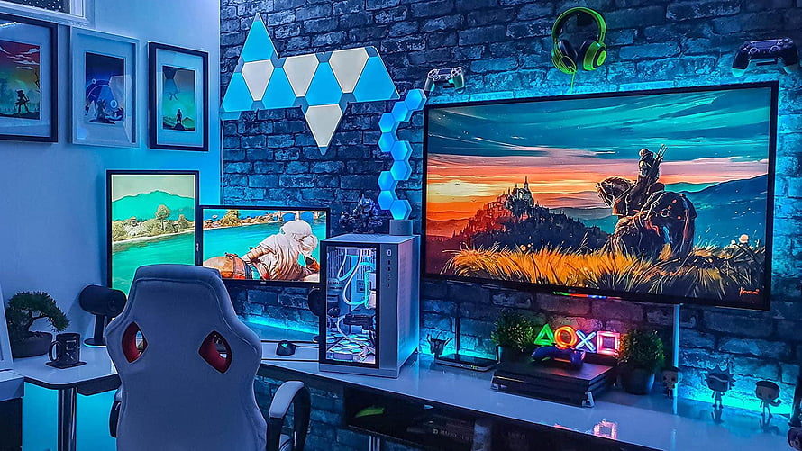 Modern Gaming Room Setup With PlayStation Decor And Neon Lighting HD wallpaper