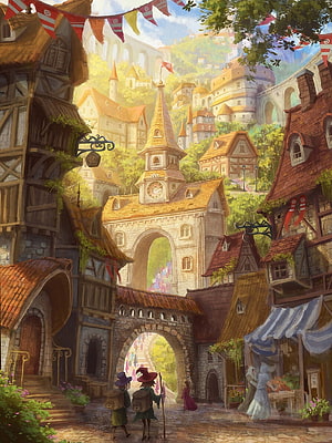 Whimsical Fantasy Town with Cobblestone Streets and Medieval Architecture HD phone wallpaper