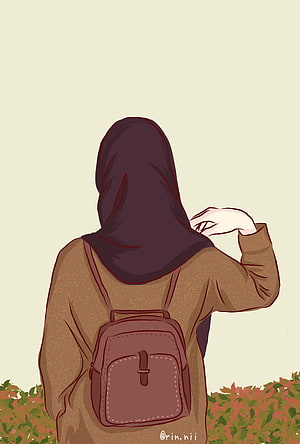 Hijab Girl Cartoon Illustration with Backpack in Autumn Field HD phone wallpaper