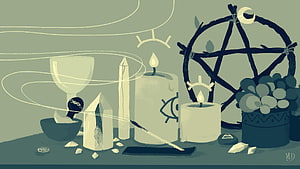 Mystical Witchcraft Altar with Pentagram, Candles, and Crystals in Muted Green Illustration HD wallpaper