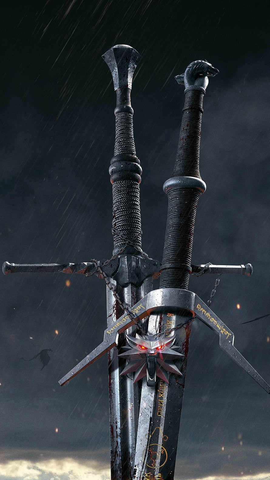The Witcher 3: Two Ornate Swords Planted in Dark Rainy Ground HD phone wallpaper