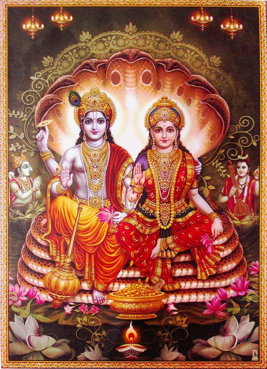Lord Vishnu and Goddess Lakshmi Seated on Sheshnaga with Lotus Flowers and Diya HD phone wallpaper