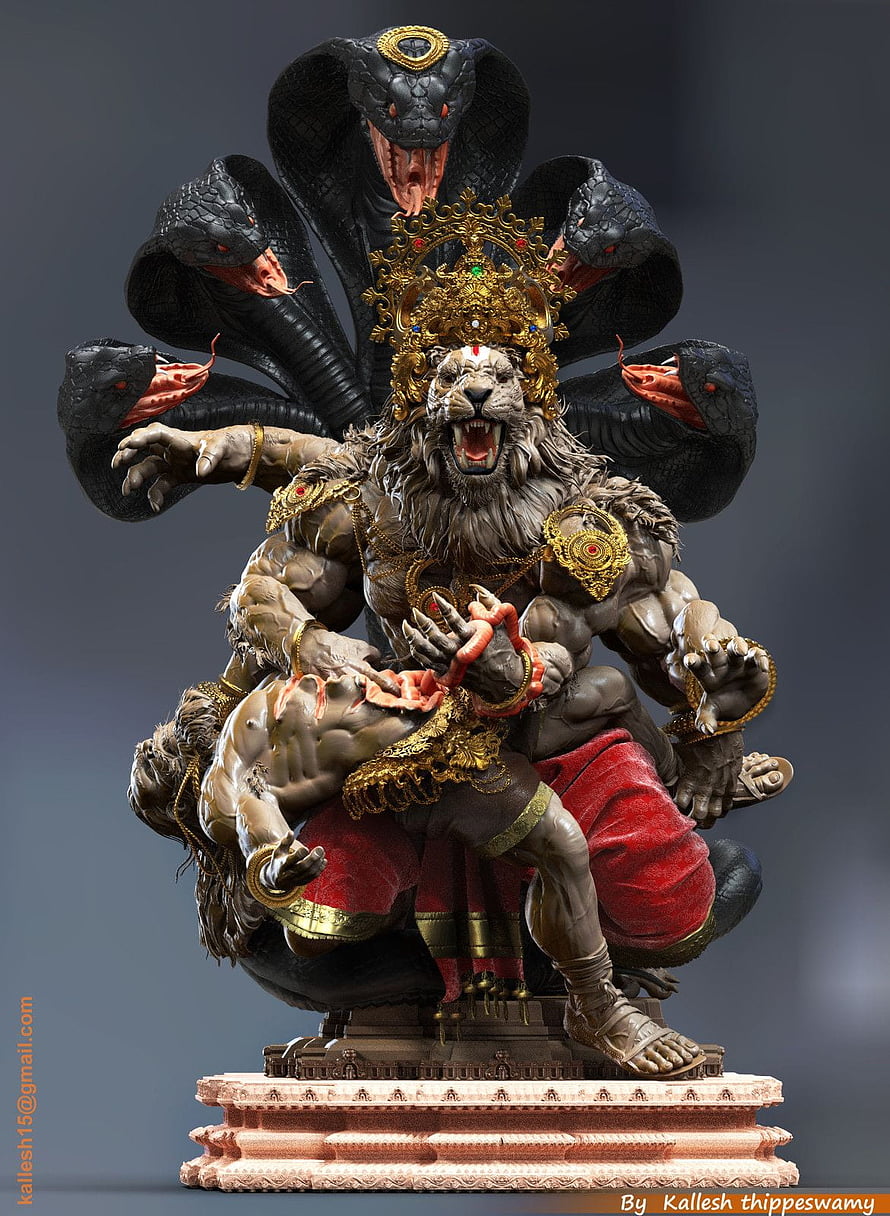 Narasimha Swamy Lion-Headed Deity Sculpture with Cobra Crown and Red Dhoti HD phone wallpaper