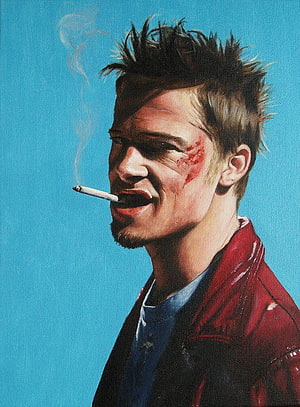 Tyler Durden from Fight Club smoking a cigarette with a red leather jacket against a blue background HD phone wallpaper
