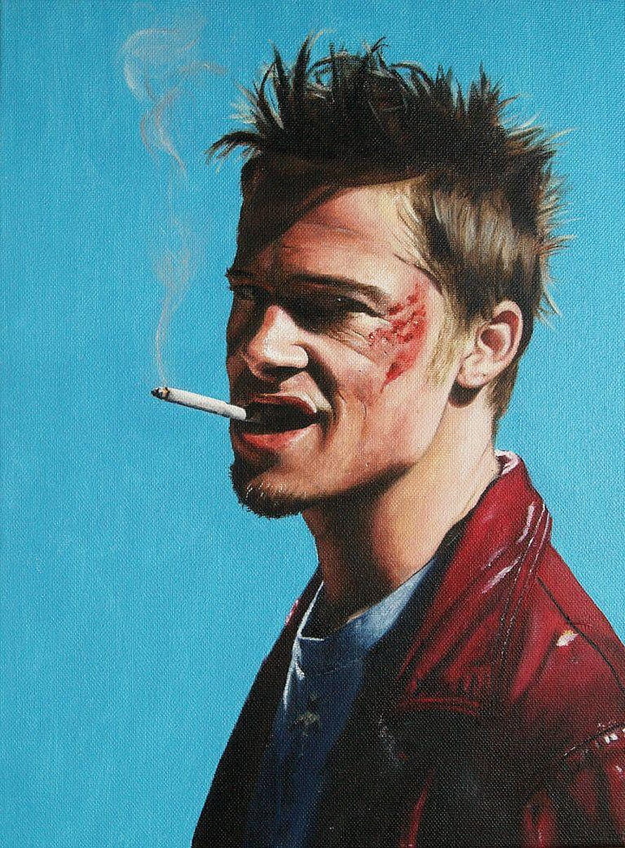 Tyler Durden from Fight Club smoking a cigarette with a red leather jacket against a blue background HD phone wallpaper