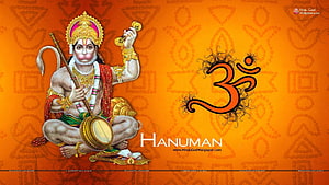 Hanuman with Mace and Om Symbol on Ornate Orange Background, Full God list, god full screen HD wallpaper