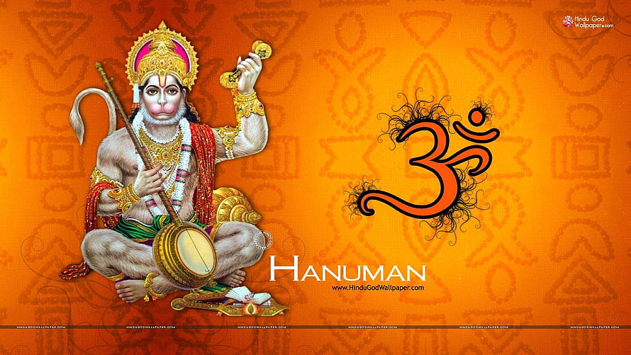 Hanuman with Mace and Om Symbol on Ornate Orange Background, Full God list, god full screen HD wallpaper