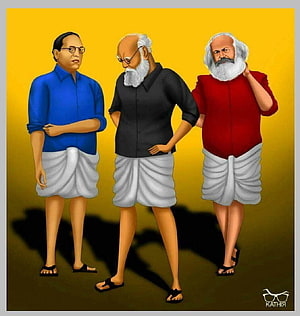 Illustration of Ambedkar, Periyar, and Karl Marx in Traditional Dhotis HD phone wallpaper