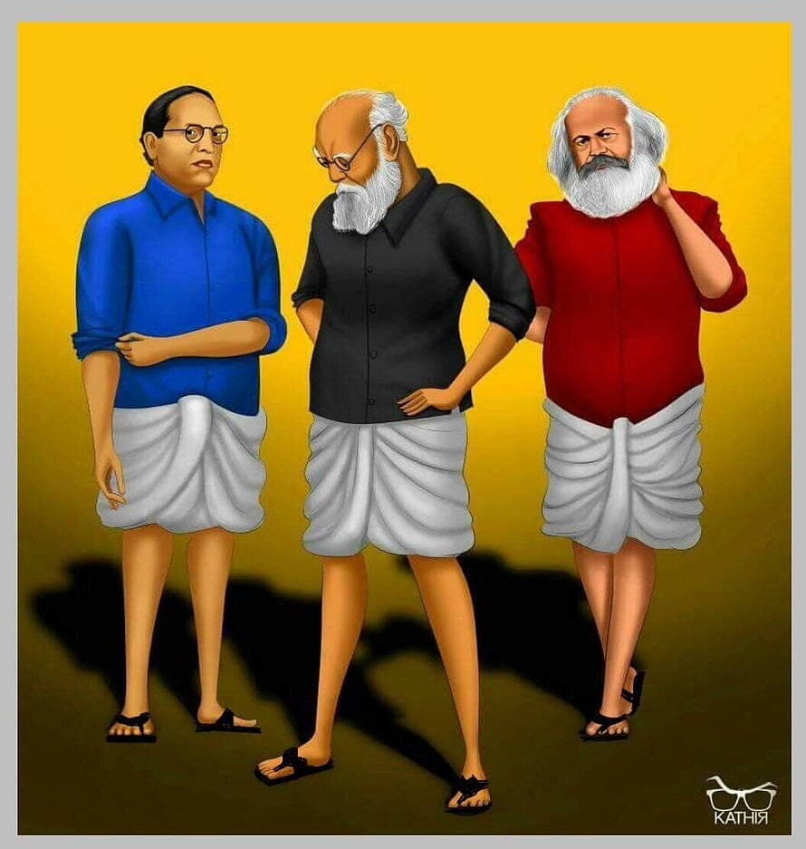 Illustration of Ambedkar, Periyar, and Karl Marx in Traditional Dhotis HD phone wallpaper