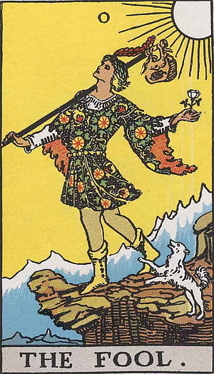 The Fool Tarot Card Illustration with Staff, Dog, and Sun HD phone wallpaper