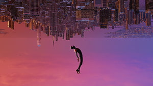 Miles Morales Spider-Man Leaping Through a Pink Sky Above an Upside-Down City, 3840x2160 spiderman, upside, miles morales leap of faith HD wallpaper