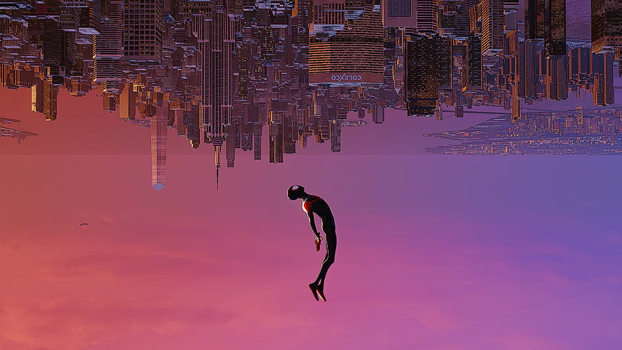 Miles Morales Spider-Man Leaping Through a Pink Sky Above an Upside-Down City HD wallpaper