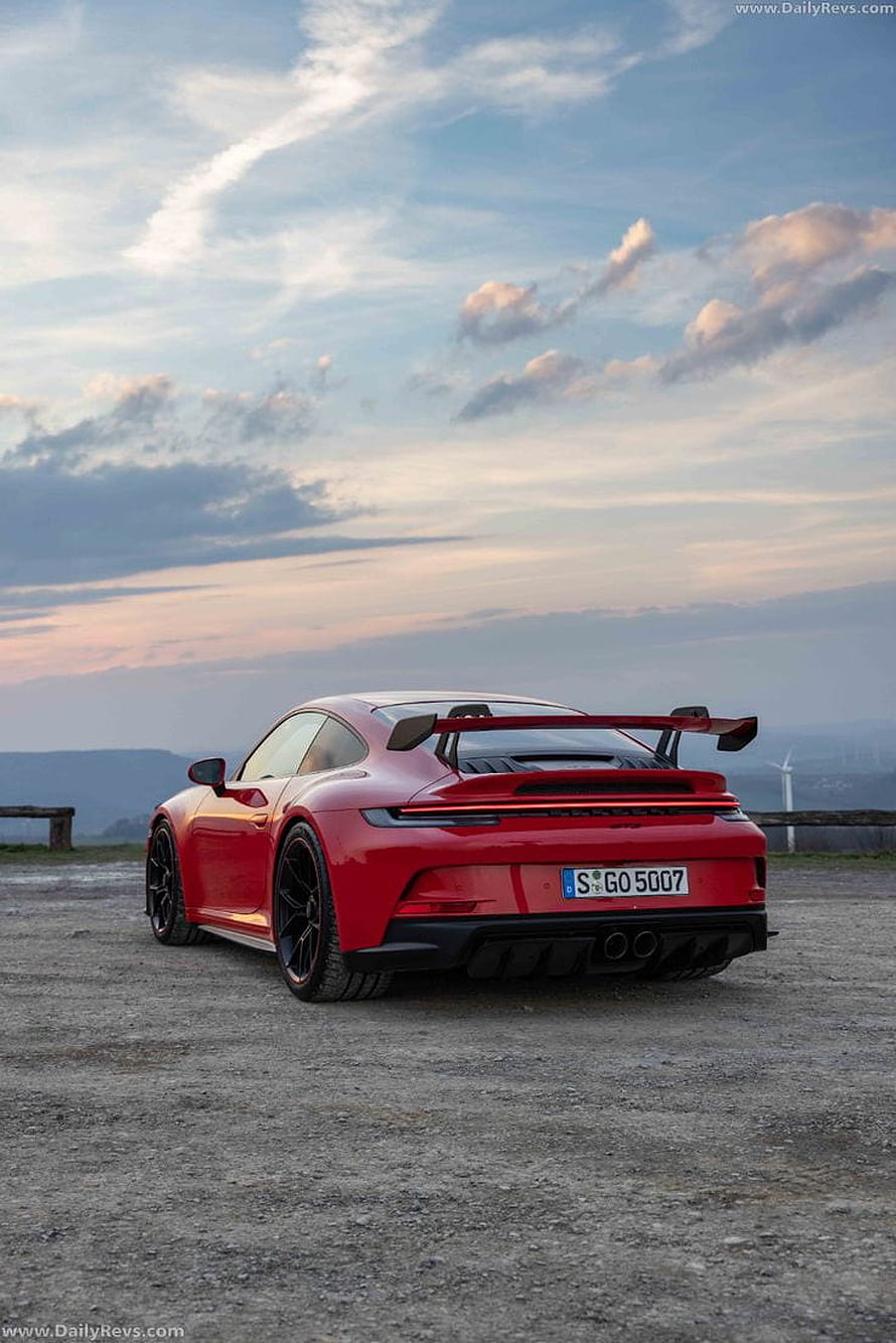 Red Porsche 911 GT3 Rear View on Gravel at Sunset HD phone wallpaper
