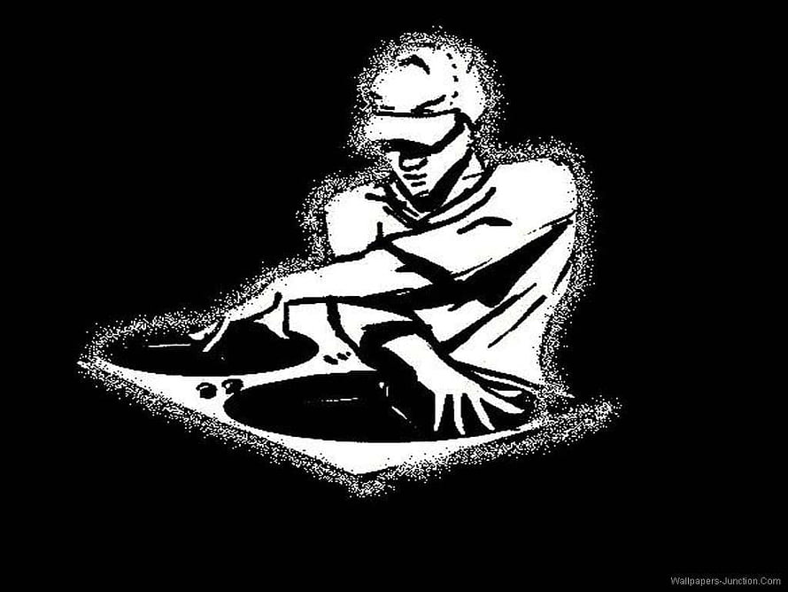 High Contrast Black and White DJ Illustration with Turntables HD wallpaper